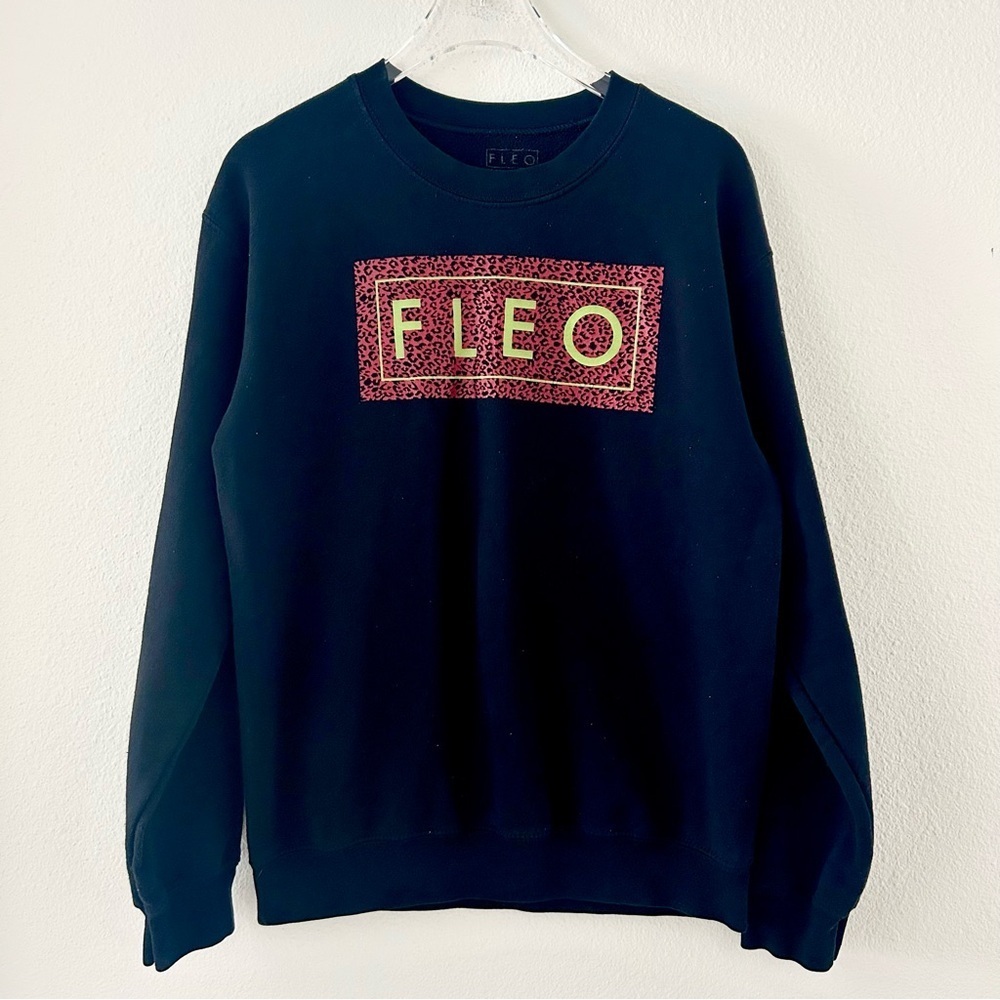 FLEO Leopard Logo Sweatshirt Top Black Cotton Fitness Activewear Size Small